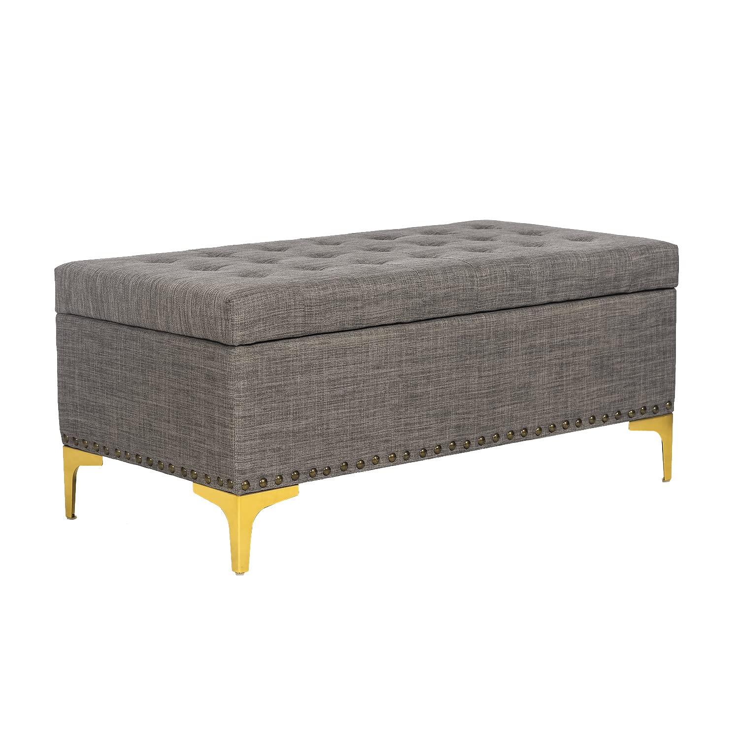Decent Home Storage Ottoman Bench - Linen Button Tufted Upholstered Footrest with Metal Legs, Rectangular Toy Chest & Coffee Table for Bedroom, Living Room & Entryway (Gray) - Perfect for Extra Seating, Storage & Home Decor
