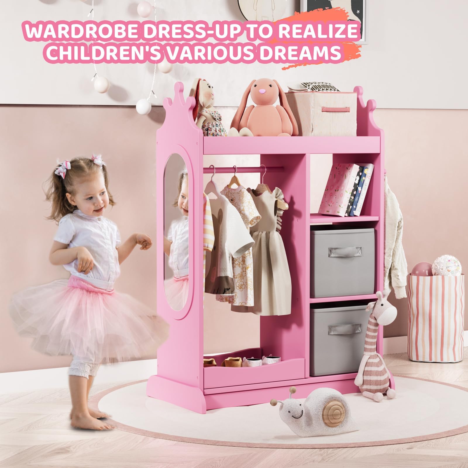 KIDINIX Kids Wardrobe with Mirror - 3-Tier Storage Shelf, 2 Fabric Bins & Shoe Rack | Pink Open Dress Up Armoire for Coats, Dance Costumes, Hats & Shoes | Perfect for Bedroom Organization & Pretend Play