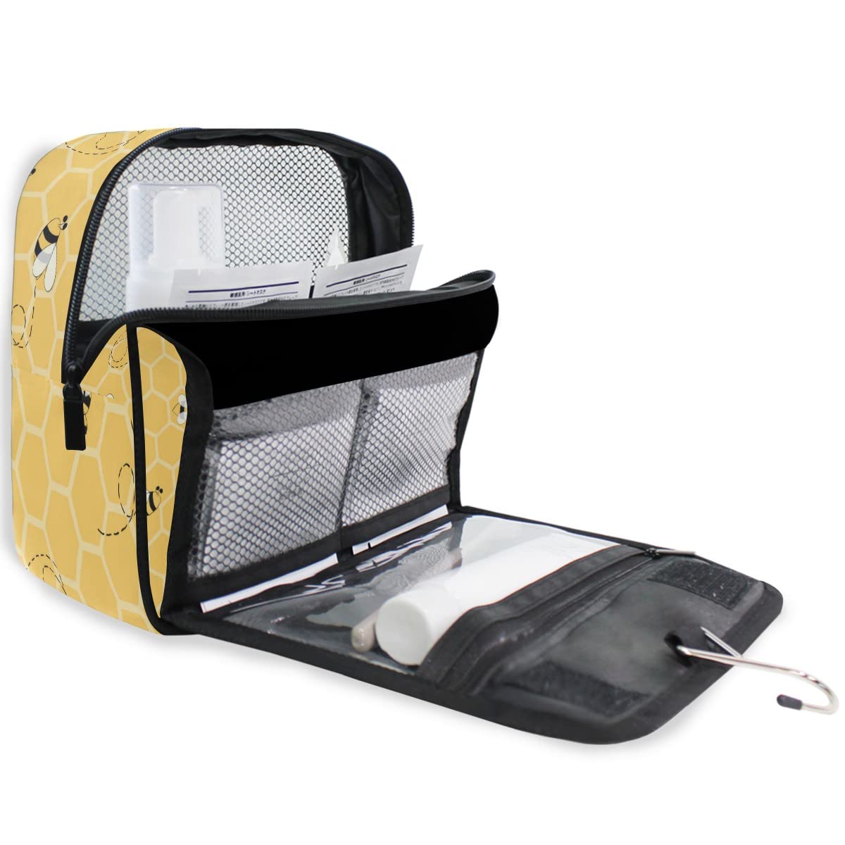 Cute Animal Bee Pattern Toiletry Bag for Women & Men - Travel Cosmetic Makeup Organizer with Hanging Hook | Portable Bathroom Essentials Pouch for Girls, Gym, Camping & Vacation Accessories