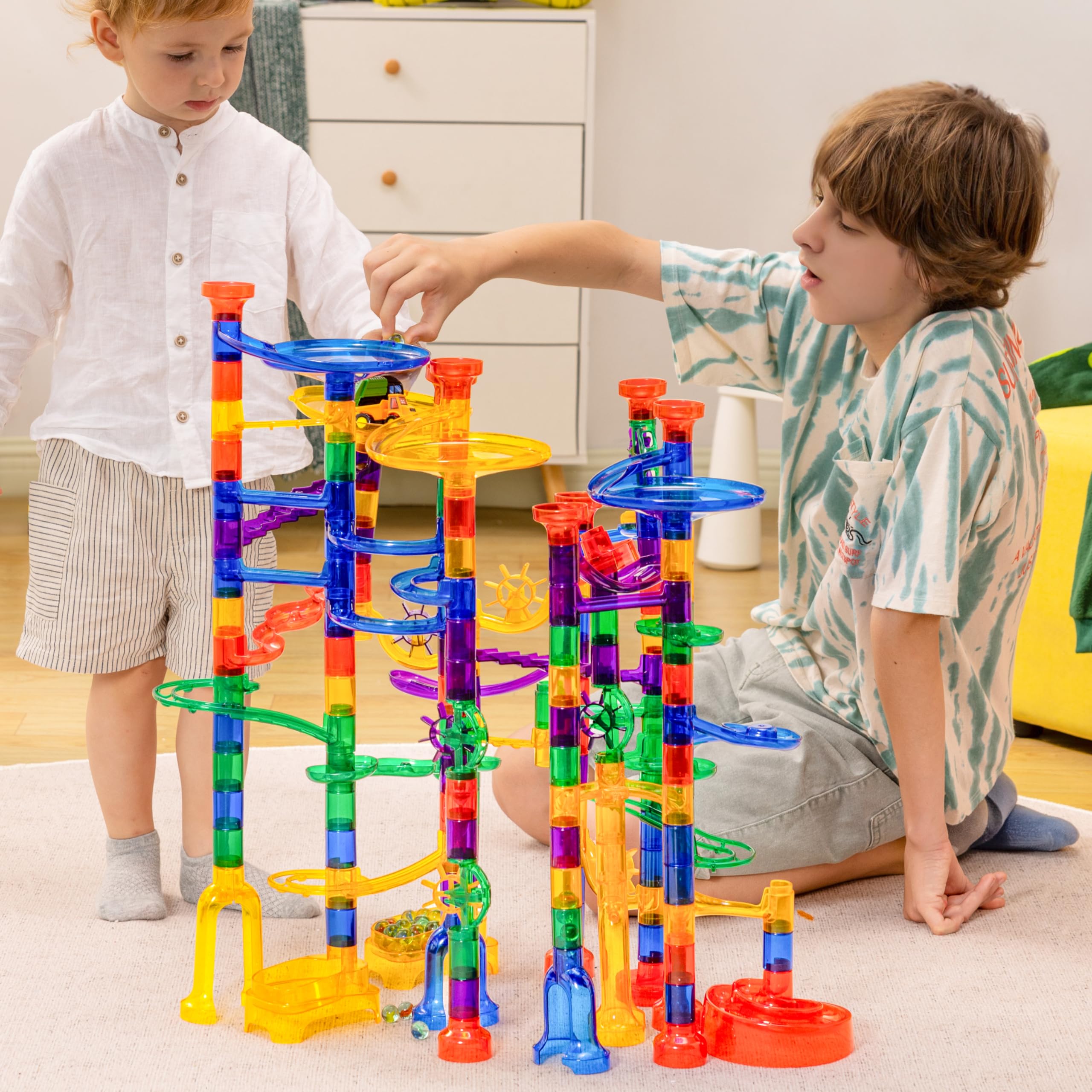 JOYIN 207Pcs Glow in The Dark Marble Run Track Set - STEM Educational Building Blocks Construction Toy with 5 Glowing Glass Marbles for Kids (147 Plastic Pieces + 60 Glass Marbles) | Perfect for Birthday Gifts, Classroom STEM Activities & Family Game Night