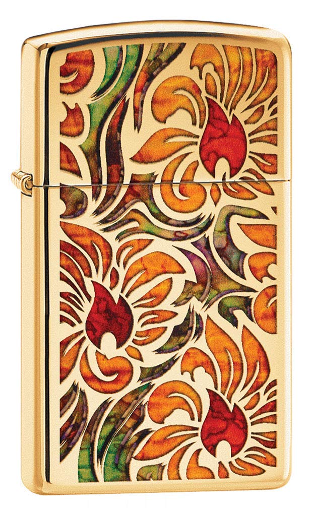 Zippo Slim Floral Pattern High Polish Brass Lighter 80797 - Elegant Windproof Refillable Lighter for Outdoor Camping, Hiking & Everyday Carry