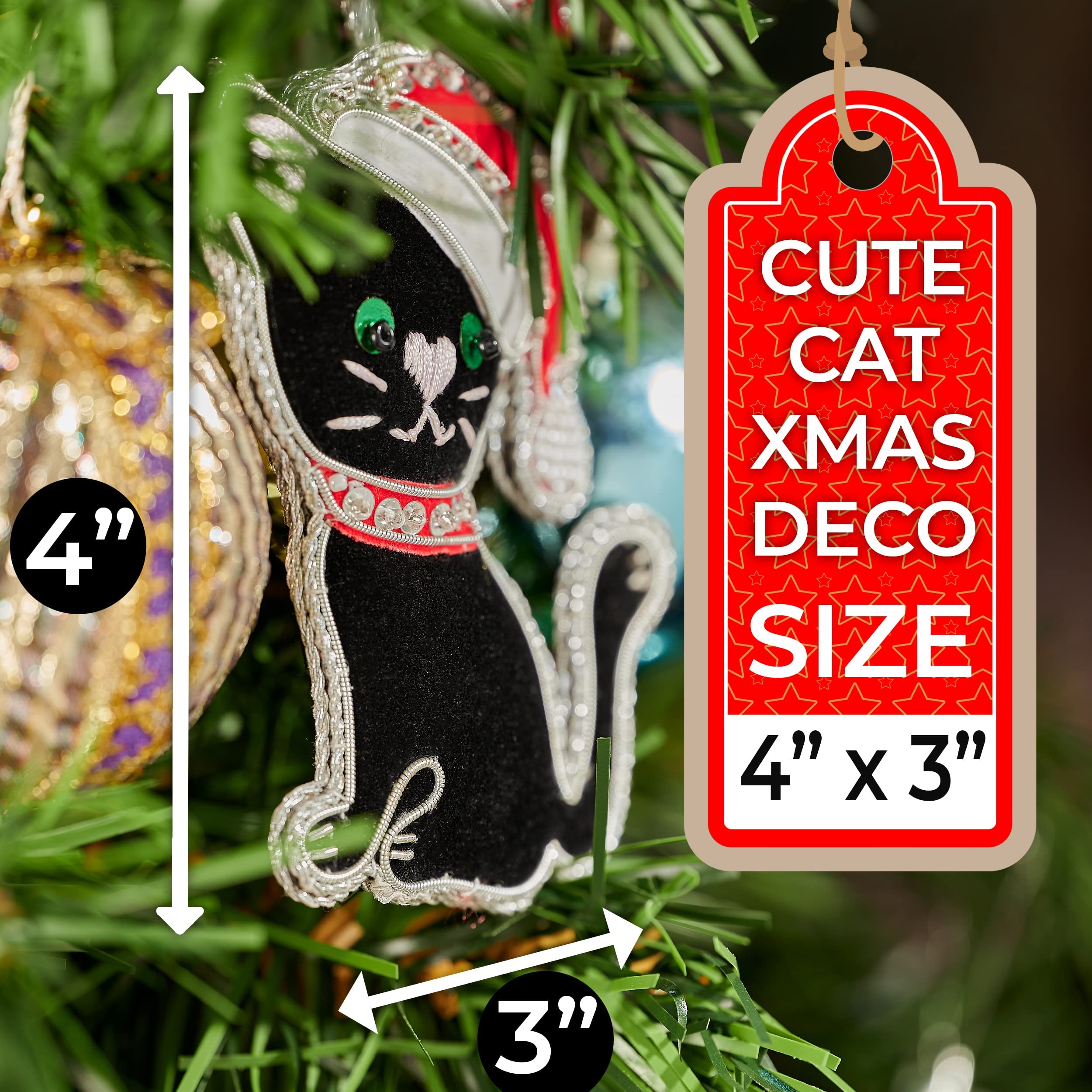 Handmade Black Cat Christmas Ornaments Set of 6 - Unique Cat Lover Gifts for Holiday Tree Decorations - Perfect for Christmas Decor, Cat Themed Parties & Festive Home Decorating