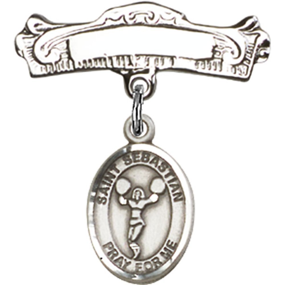 7/8 X 7/8 Inch Sterling Silver Baby Badge with St. Sebastian & Cheerleading Charm - Polished Arched Pin for Christening, Baptism & Sports Events | Perfect Gift for Newborns & Cheerleaders