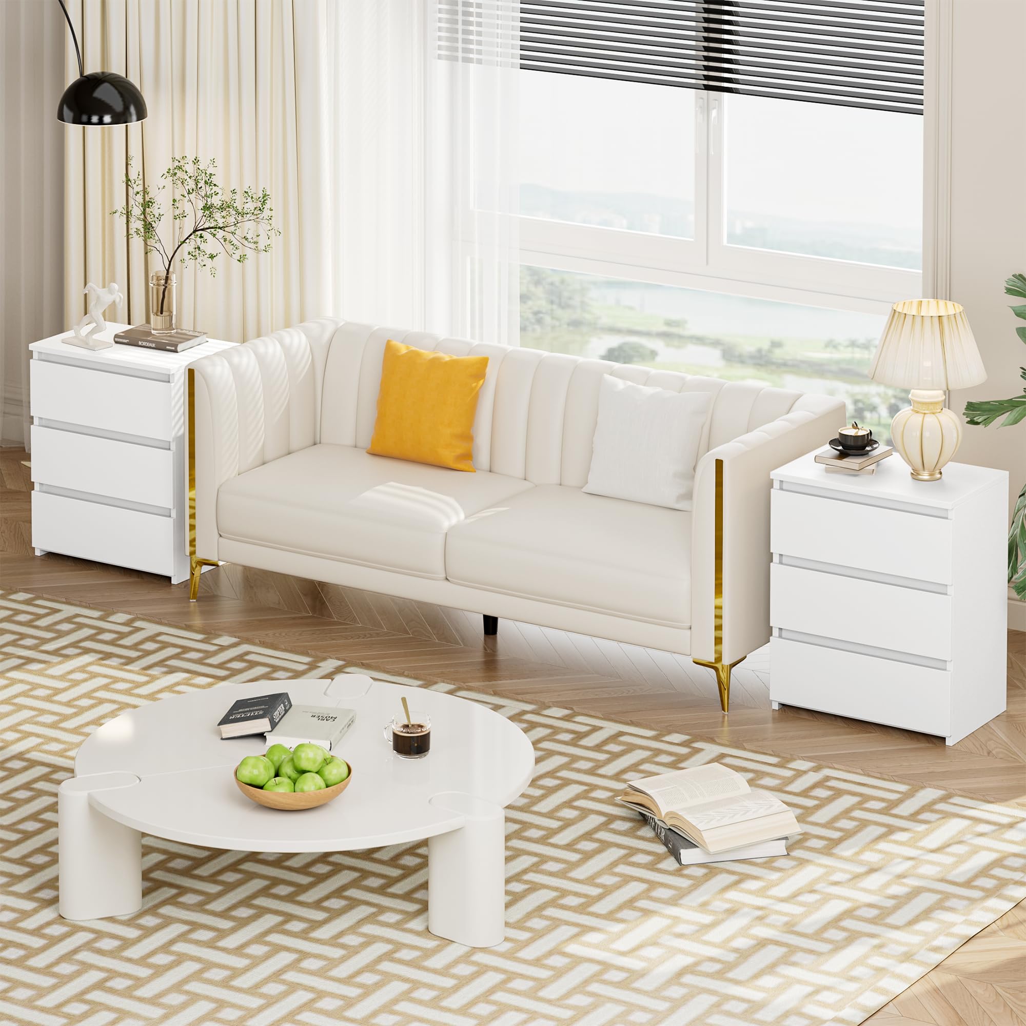 2-Piece White Nightstand Set with 3 Drawers - Modern Bedside Table for Bedroom, Sofa Side Table with Cut-Out Handles (17.7