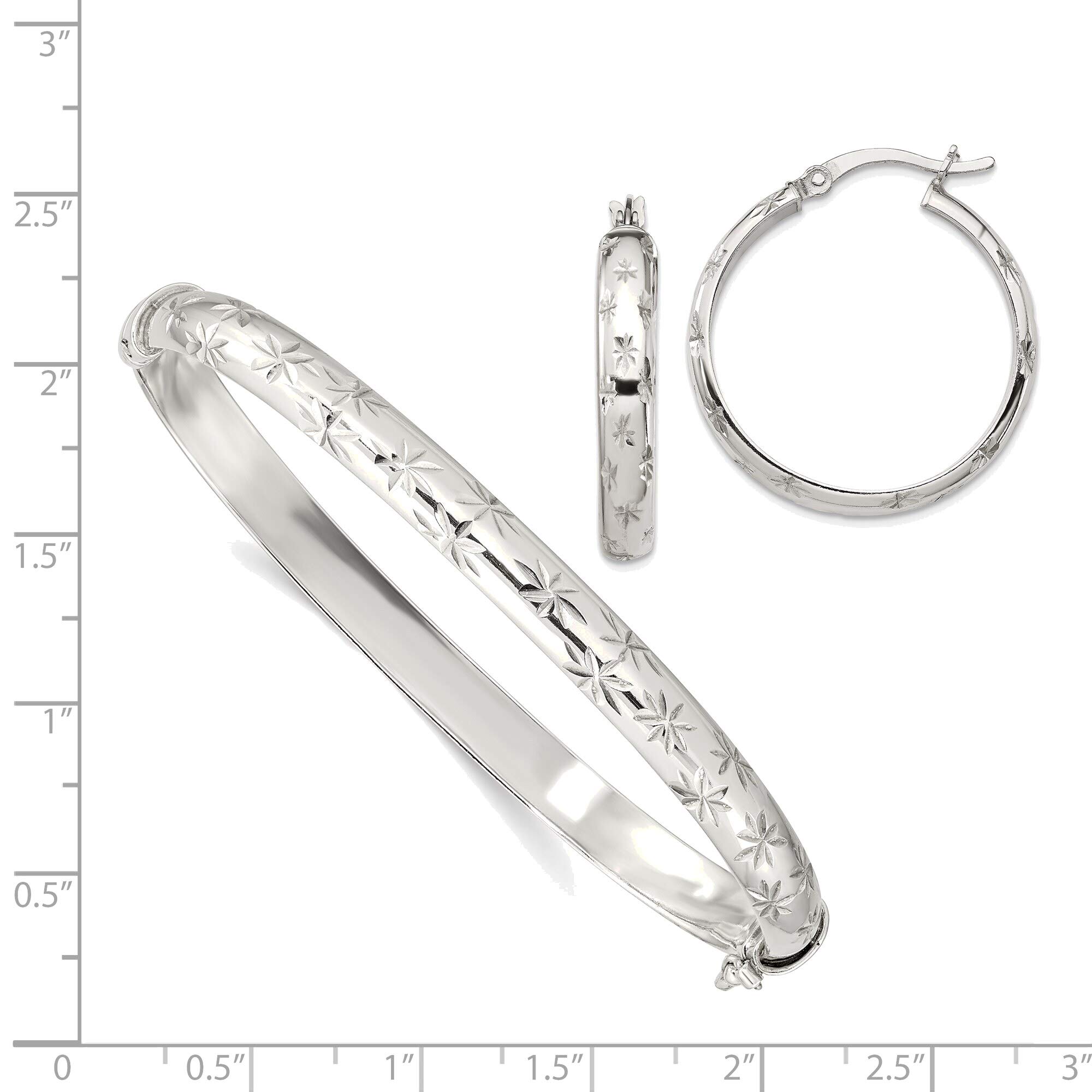 Bonyak Jewelry Sterling Silver Diamond-Cut 6mm Bangle Bracelet & 4mm Hoop Earrings Set for Women - Elegant Gift for Birthday, Anniversary & Special Occasions