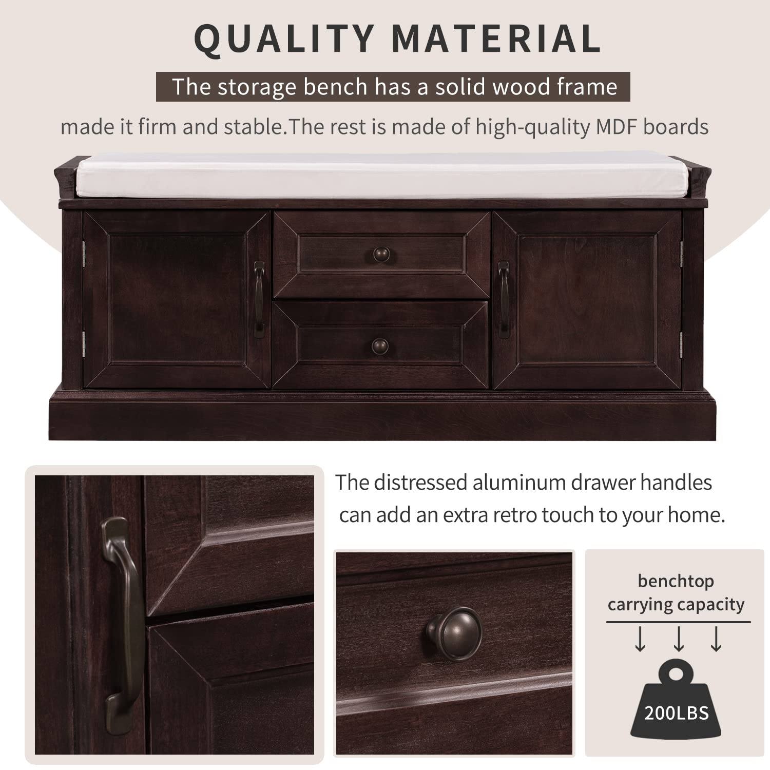 Solid Wood Storage Bench with Drawers & Cabinets - Entryway Shoe Bench for Living Room & Hallway