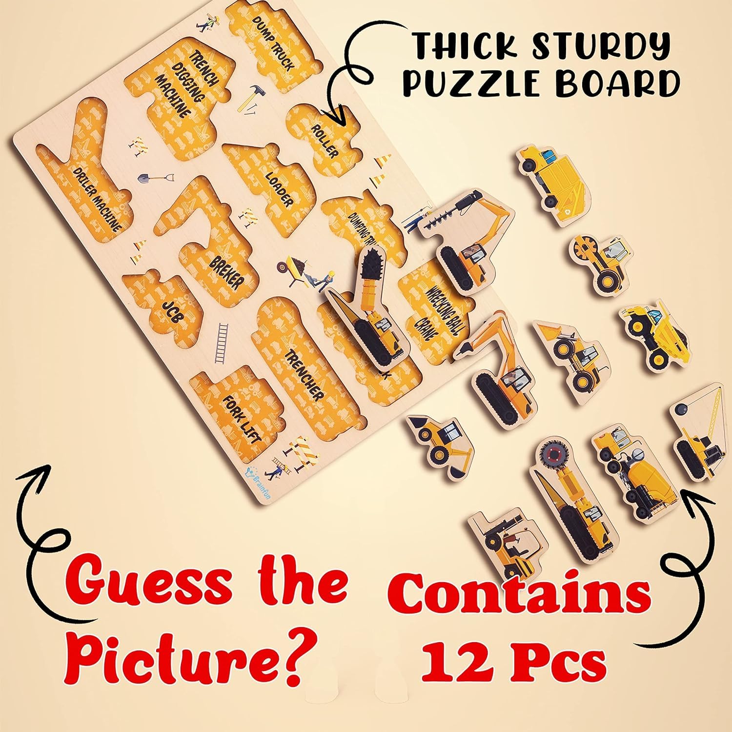 RiansCart Construction Vehicles Wooden Jigsaw Puzzle - Educational Kids Puzzle for Preschool Learning | Fun STEM Toy for Toddlers & Children - Perfect for Classroom, Birthday Gifts & Family Game Night