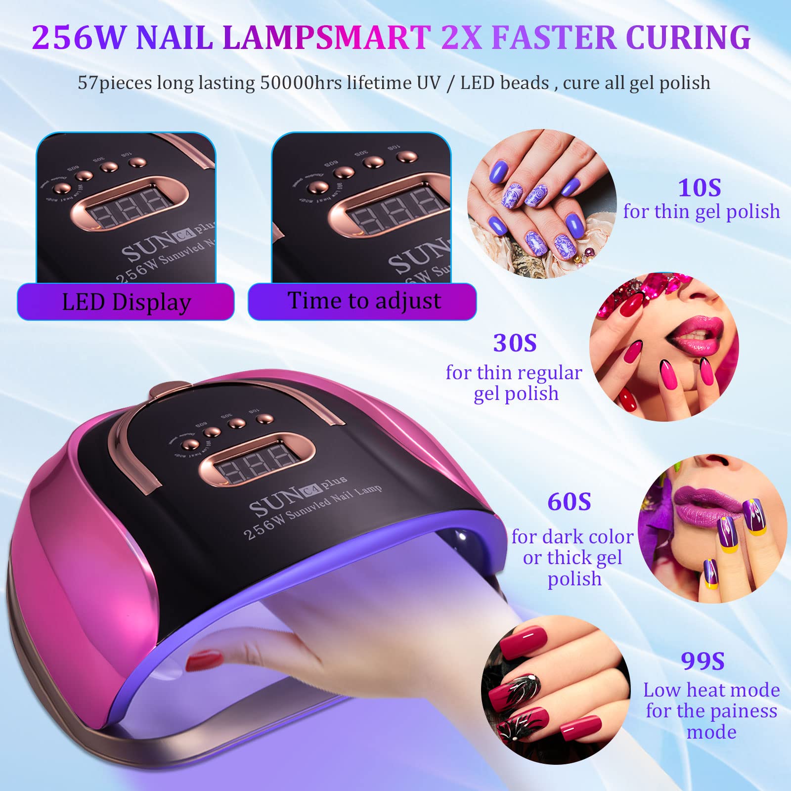 Professional 256W UV LED Nail Lamp with Auto Sensor - 4 Timer Settings for Gel Polish Curing, Salon-Quality Manicure & Pedicure Light (Includes 9 Free Accessories) - Perfect for Home Nail Care & Professional Salons