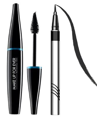 **Waterproof Volumizing Black Mascara with Soft Brush - Smudge Proof & Long Lasting Liquid Eyelash Mascara + Black Eyeliner Pen - Perfect for Daytime, Nighttime & Special Occasion Makeup**