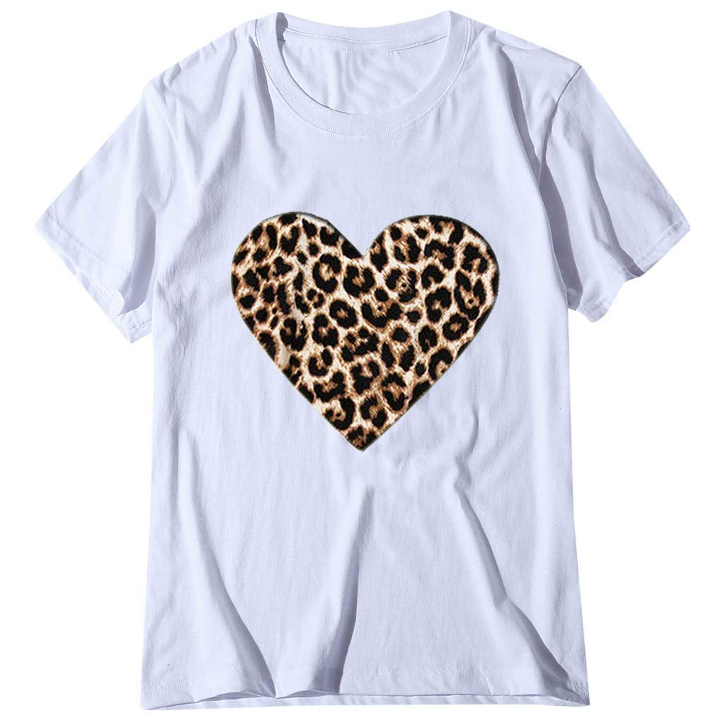 Arystk Women's Valentine's Day Casual Short Sleeve V-Neck Leopard Print Heart Blouse T-Shirt Tee Tops - White | Perfect for Date Night, Girls' Night Out & Casual Wear