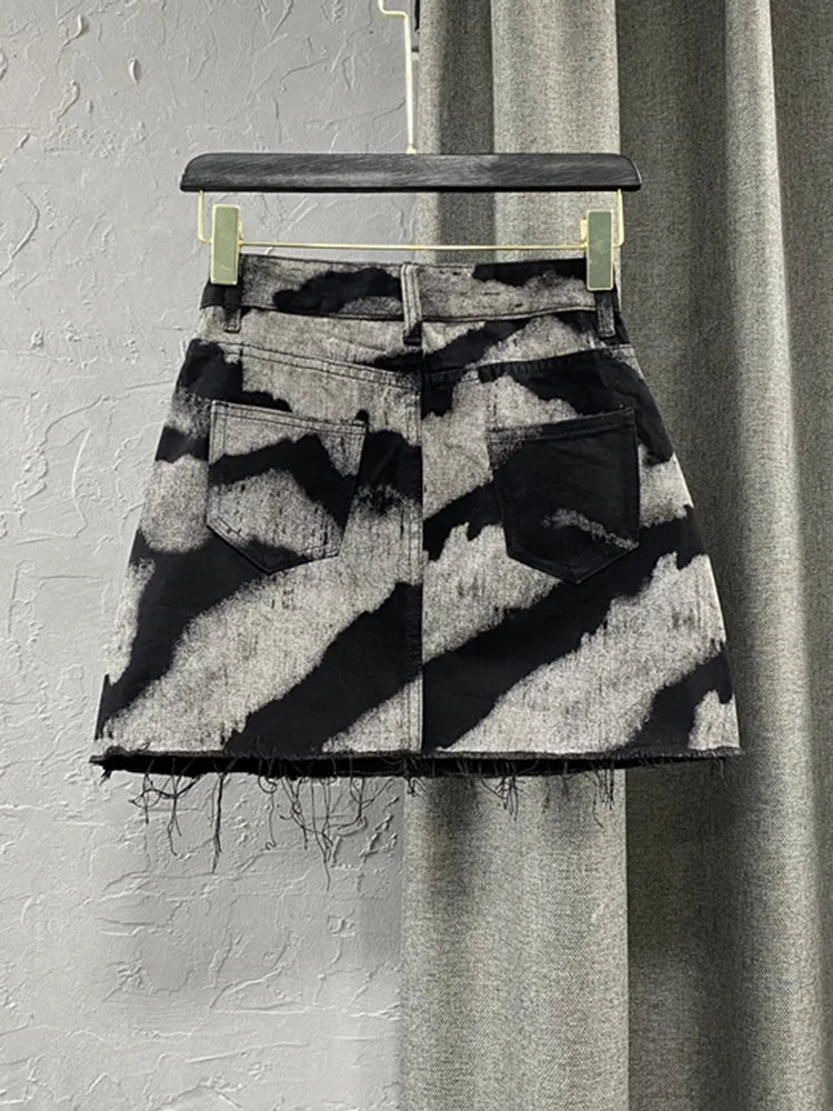 Trendy Women's High Waist A-Line Denim Skirt - Contrast Color Print & Distressed Details | Loose Fit Streetwear Fashion | Summer Casual Outfit for Parties, Dating & Daily Wear | Style 17A2006H