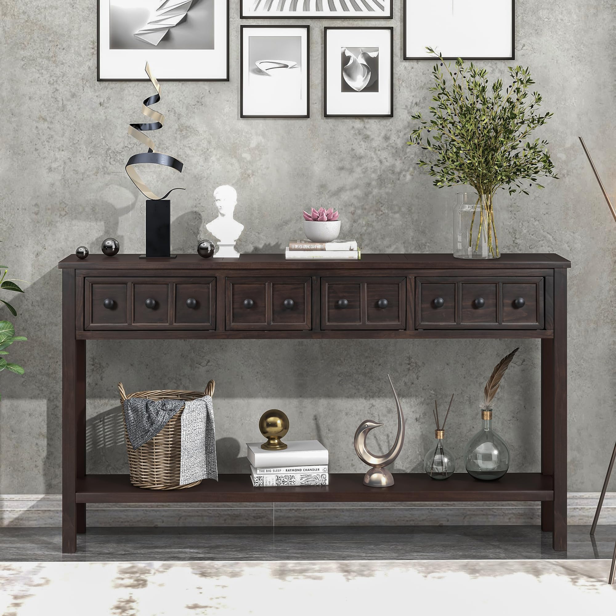 Merax 60 Inch Long Rustic Entryway Table with Storage Drawers & Shelf - Narrow Sofa Table Behind Couch, Espresso Finish - Perfect for Hallway, Living Room & Entryway Decor