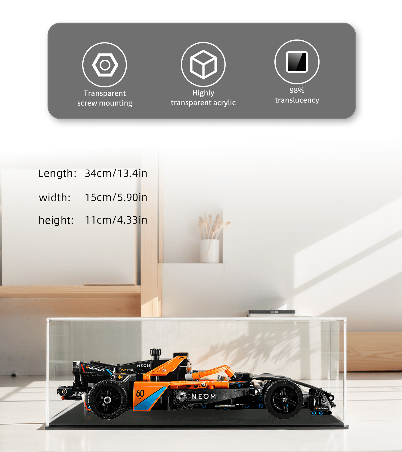 LEGO NEOM McLaren Formula E Team 42169 Display Case - Protective Showcase for LEGO Racing Car Model - Perfect for Home Decoration, Office Display & Collectors Showcase