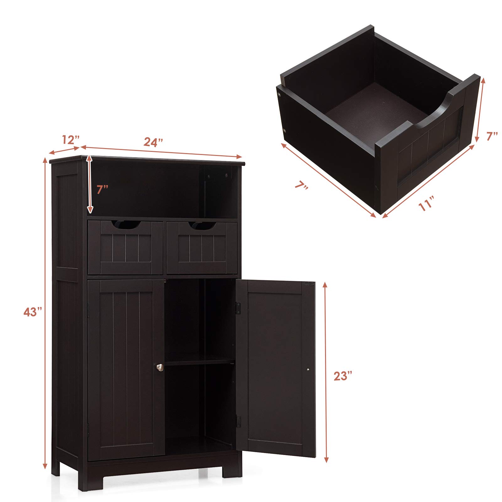 GLACER Multifunctional Floor Cabinet with Removable Drawers & Adjustable Shelf - 24 x 12 x 43 Inches Bathroom Storage Organizer for Living Room, Kitchen, Entryway - Space-Saving Brown Wood Cabinet (Perfect for Small Spaces & Home Organization)