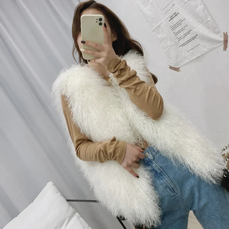 Luxury Thick Warm Mongolian Sheep Fur Vest for Women - 11 Colors, V-Neck Wool Coat | Winter Fashion, Outdoor Activities, Casual & Formal Wear