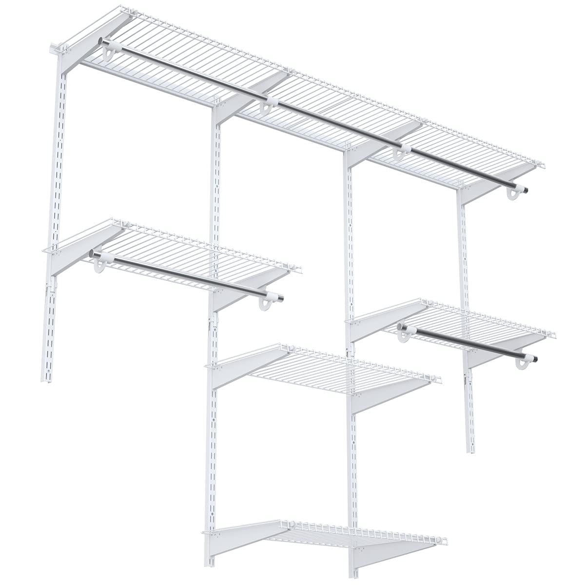 AFSTAR 4-6 FT Adjustable Wall Mount Closet Organizer System - 3 Hanging Rods & 6 Storage Shelves - Custom Closet Kit for Bedroom, Apartment (White) | Space Saving Closet Solution for Small Rooms & Walk-In Closets