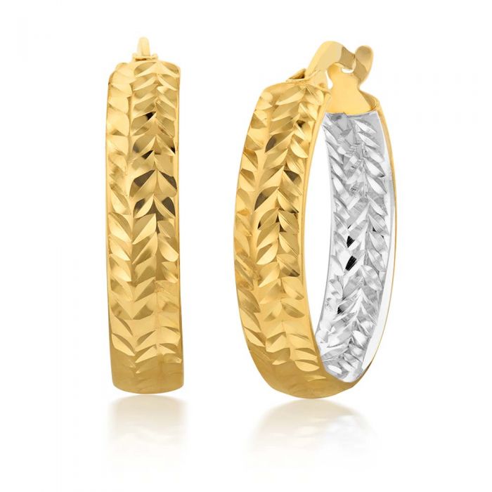 9ct Silver Filled White & Yellow Gold Double-Sided Diamond Cut 15mm Hoop Earrings for Women - Perfect for Parties, Weddings & Everyday Elegance
