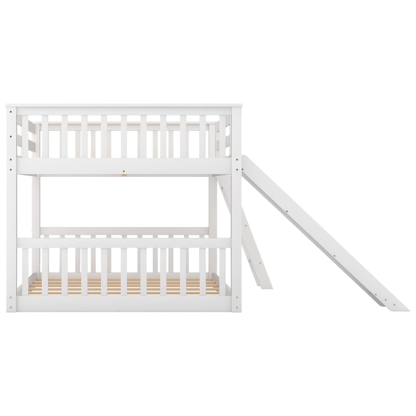 Full Over Full Low Bunk Beds with Slide for Kids - Sturdy Wood Bunk Bed Frame for Boys, Girls & Teens - Perfect for Bedroom, Dorm or Playroom - White