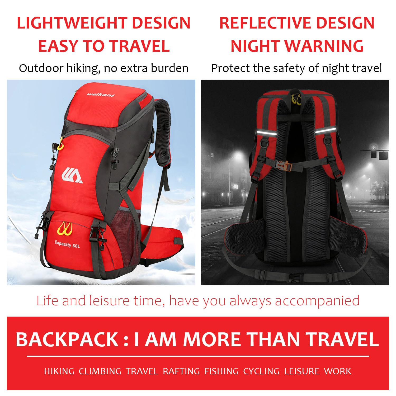**50L Lightweight Hiking Backpack for Men & Women - Waterproof Camping Backpack with Adjustable Straps for Trekking, Hunting & Outdoor Adventures (Red) - Perfect for Day Trips, Travel & Sports**