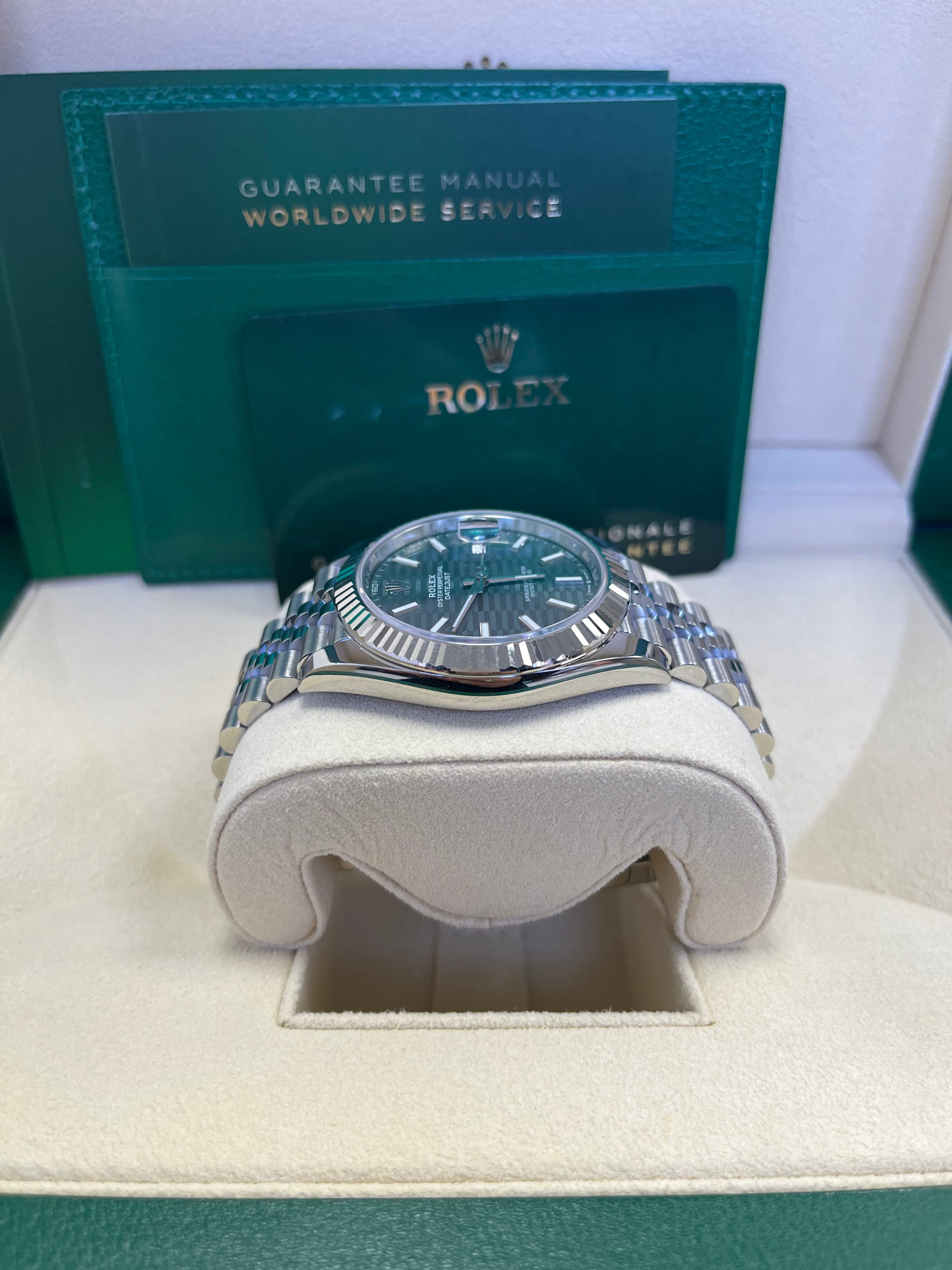 Rolex Datejust 41mm White Gold & Steel Watch with Mint Green Fluted Motif Dial & Fluted Bezel - Jubilee Bracelet Ref#126334 | Luxury Dress Watch for Men, Business & Formal Occasions