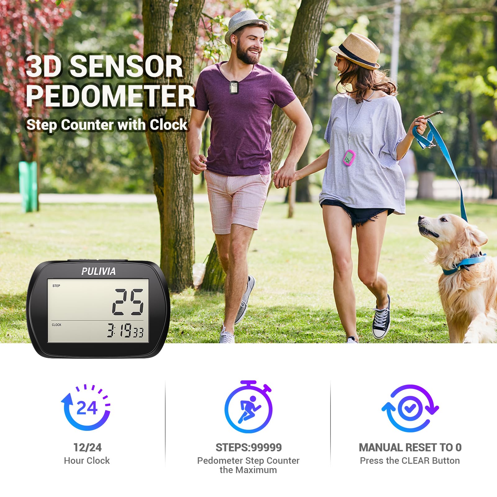 PULIVIA 3D Pedometer with Clock - Accurate Step Counter for Walking & Fitness Tracking
