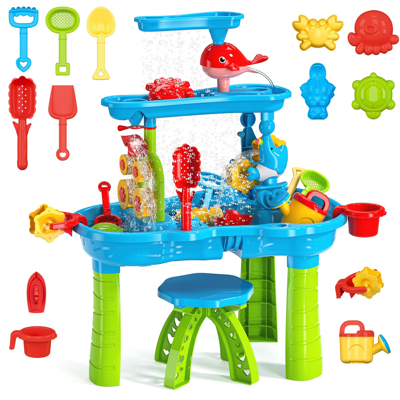 deAO 3-Tier Sand and Water Table - Outdoor Beach Toys for Kids with Dolphin Water Wheel, Molds & Accessories - Sensory Play Activity for Backyard, Summer Fun for Boys and Girls - Perfect for Outdoor Play, Birthday Gifts, and Early Childhood Development