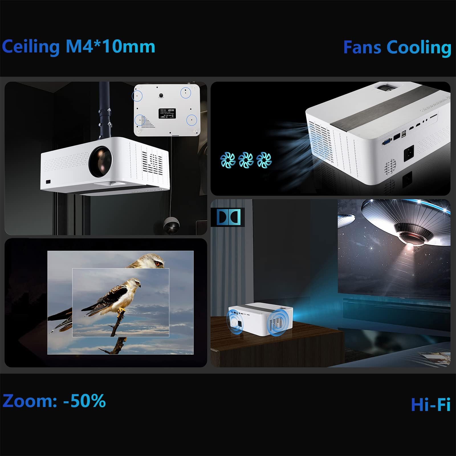 JIFAR 4K Projector with 5G WiFi & Bluetooth - 1100ANSI Outdoor Movie Projector for 450