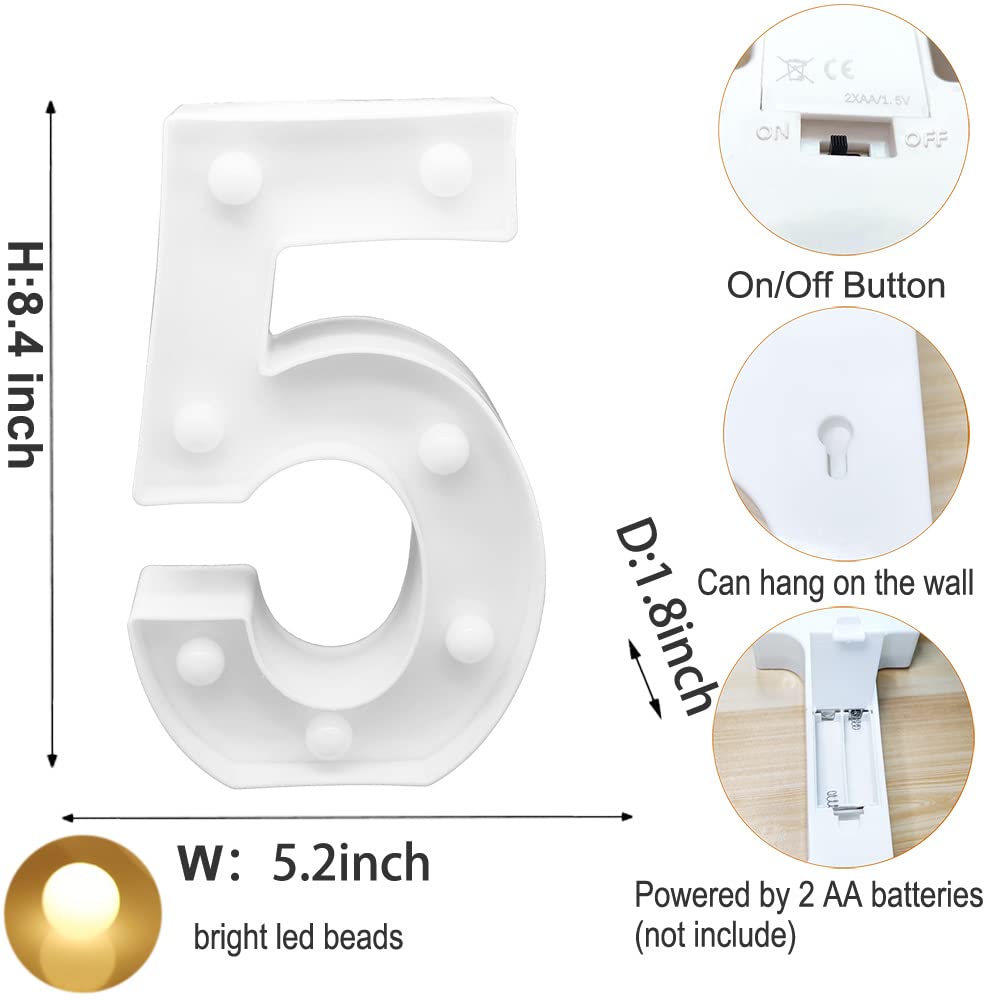 Large LED Light Up Numbers 5 - Decorative Lighted Sign for Night Light, Wedding, Birthday Party, Christmas & Home Bar Decor - Perfect for Indoor & Outdoor Events
