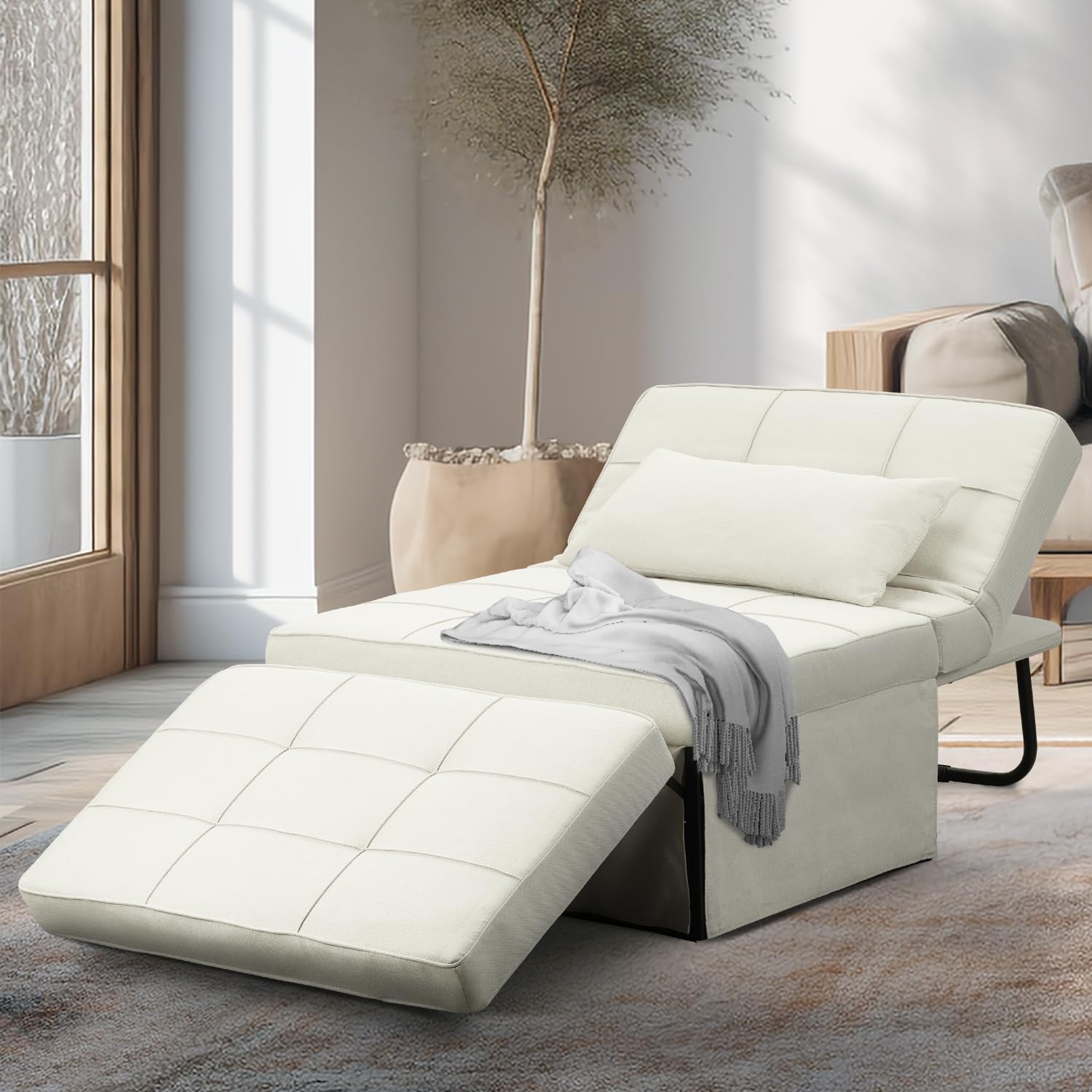 Ainfox 4-in-1 Convertible Sofa Bed - Multi-Functional Futon Chair Bed with Adjustable Backrest, Foldable No Assembly Couch for Small Space Living Room, Office & Guest Room (Beige) | Perfect for Apartments, Dorms, Studio and Home Decor