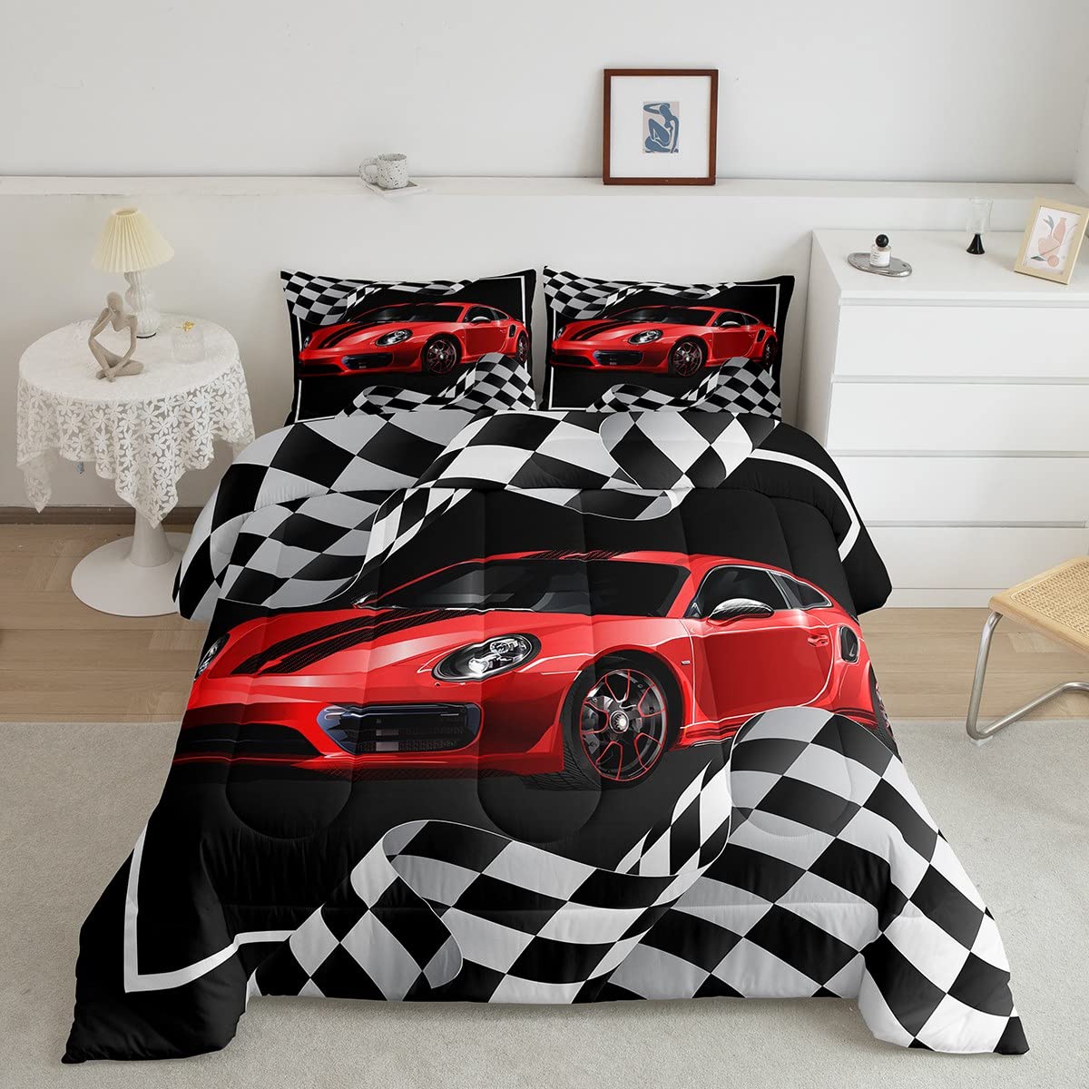 Red Race Car Comforter Set Twin Size - Black & White Lattice Bedding 2pc for Kids Boys Teens Room Decor | Extreme Sports Themed Quilt with Duvet Insert & Pillowcase | Perfect for Racing Enthusiasts, Birthday Gifts & Boys Bedroom Makeover