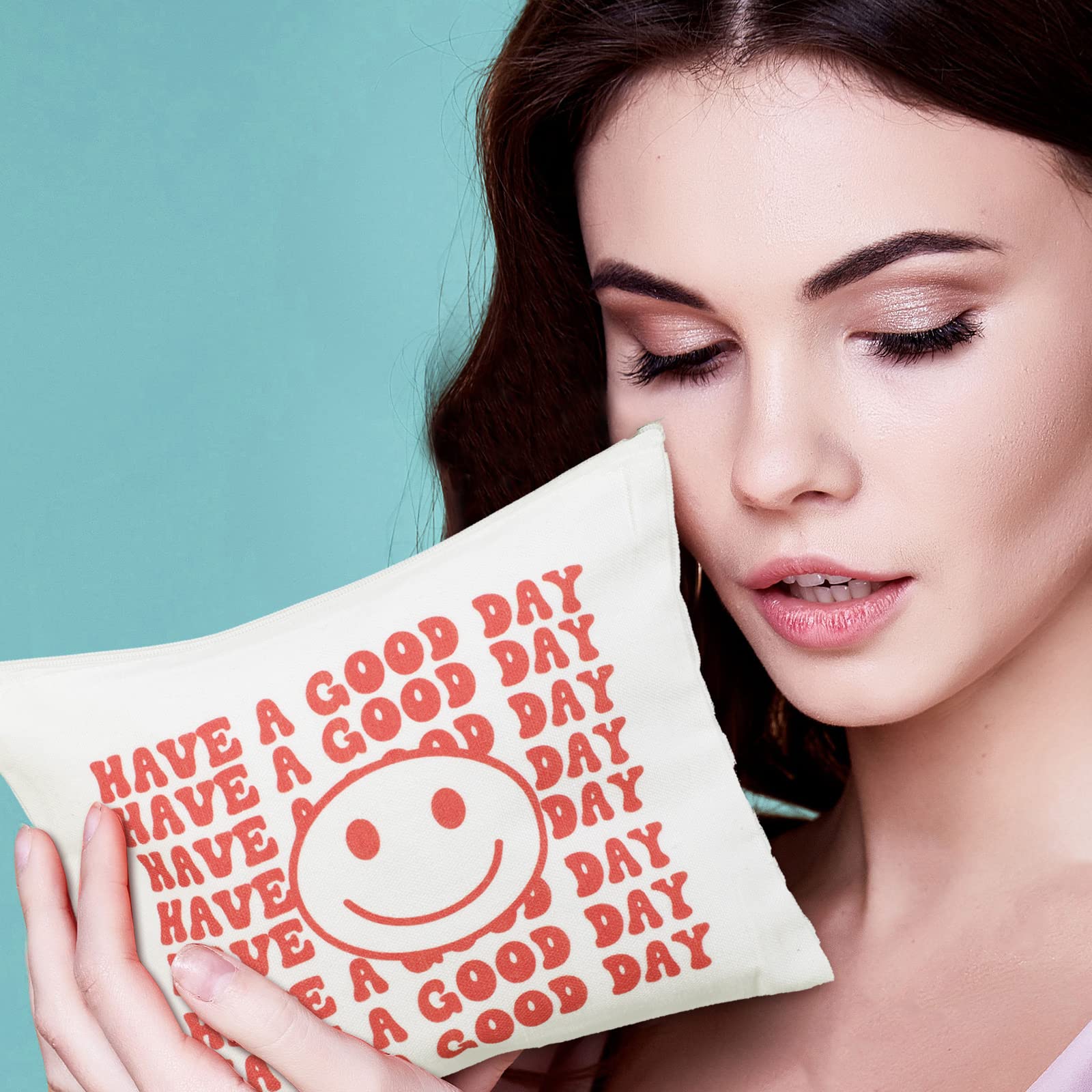 4 Pack Cute Smiley Face Printed Canvas Makeup Bags - Waterproof Cosmetic Pouch for Purse, Travel & School - Preppy Organizer for Makeup, Pencils & Essentials (Preppy Smile Style)