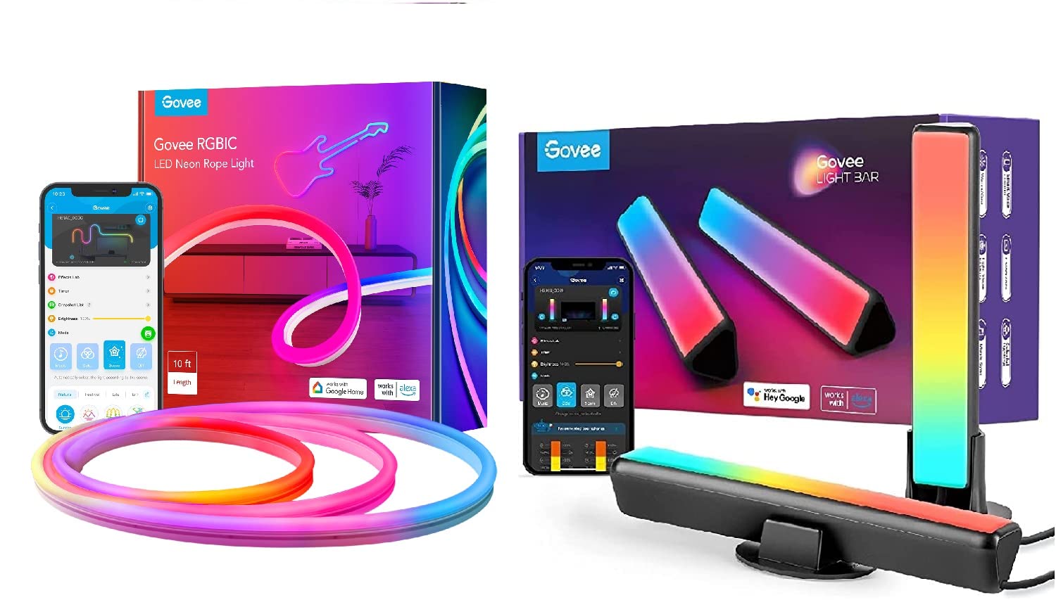 Govee Smart LED Light Bars & RGBIC Neon Rope Lights - Alexa & Google Assistant Compatible Gaming Lights with DIY Lighting Modes for Bedroom, PC Setup & Home Theater Decor