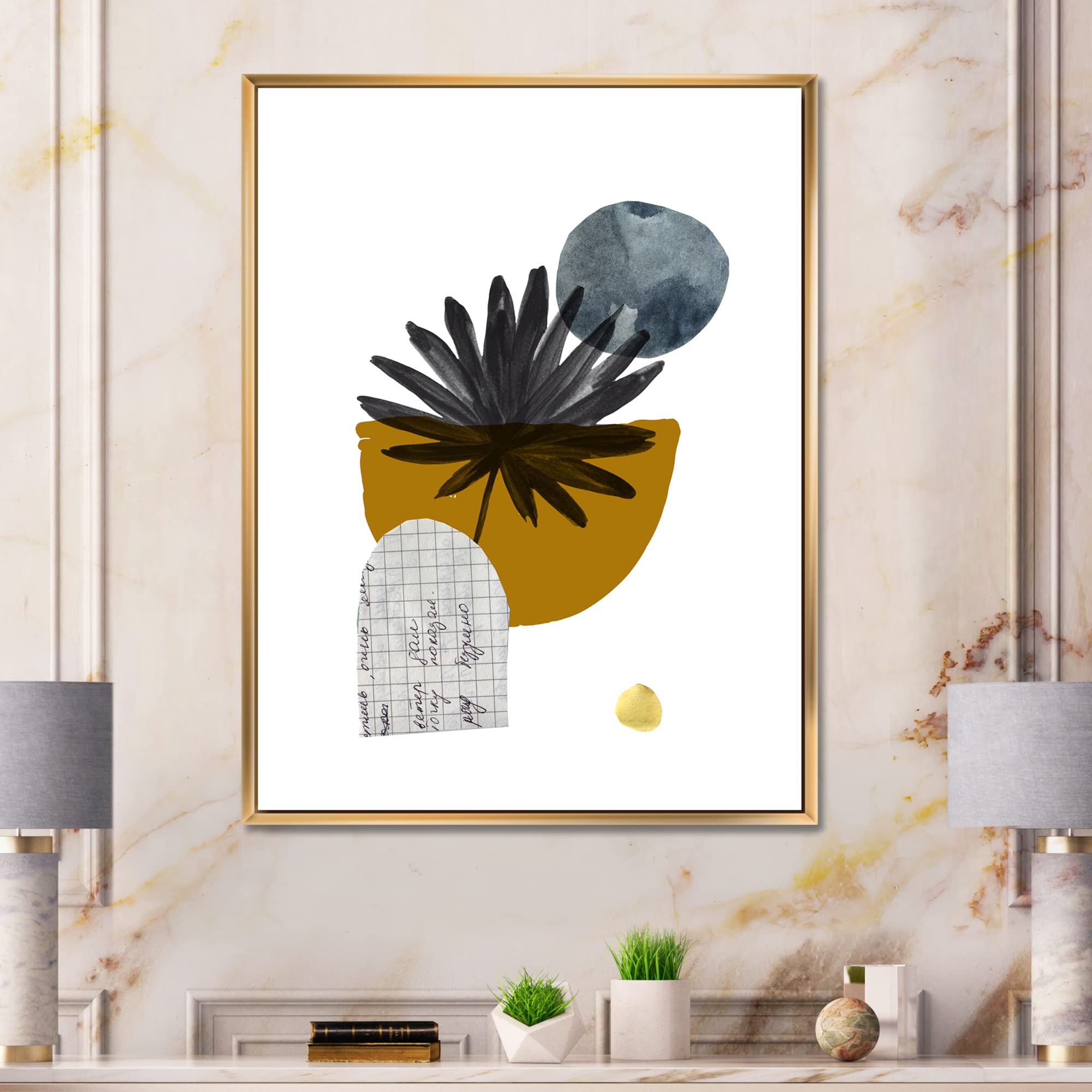 DesignQ Tropical Palm Leaf & Abstract Geometry Shapes I - Modern Framed Canvas Wall Art Print for Living Room, Bedroom & Office Decor
