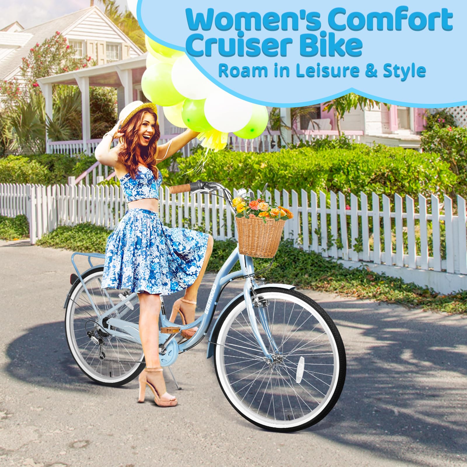 26 Inch Women's Beach Cruiser Bike with Basket - 7 Speed Hybrid Bicycle for Adults, Lightweight Frame & Anti-Skid Tires, Easy Assembly - Perfect for Commuting, Leisure Rides & Coastal Adventures (Blue)