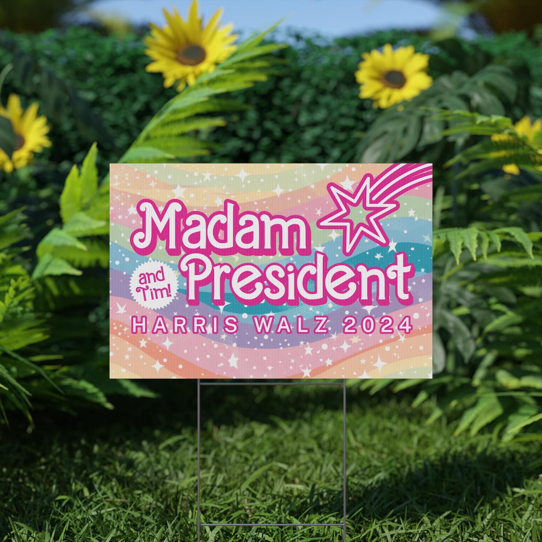 Kamala Harris & Tim Walz 2024 Election Yard Sign - Rainbow Madam President Harris Walz Campaign Sign - Vote Sign for Lawn, Garden & Political Events