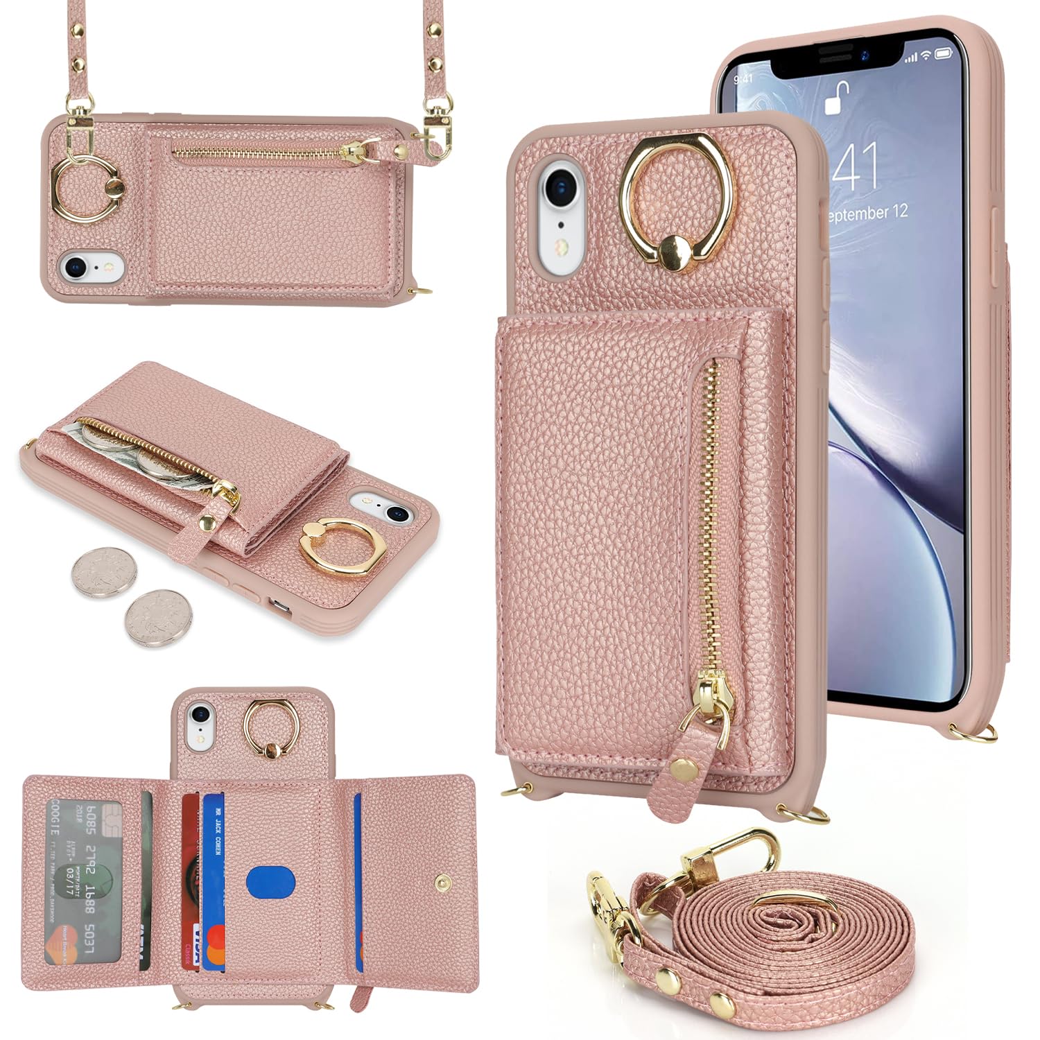 Premium Leather iPhone XR Case with Card Holder & Crossbody Strap - Wallet Phone Case for Women with Zipper Pocket & Stand Ring (Rose Gold) - Perfect for Travel, Shopping & Everyday Use