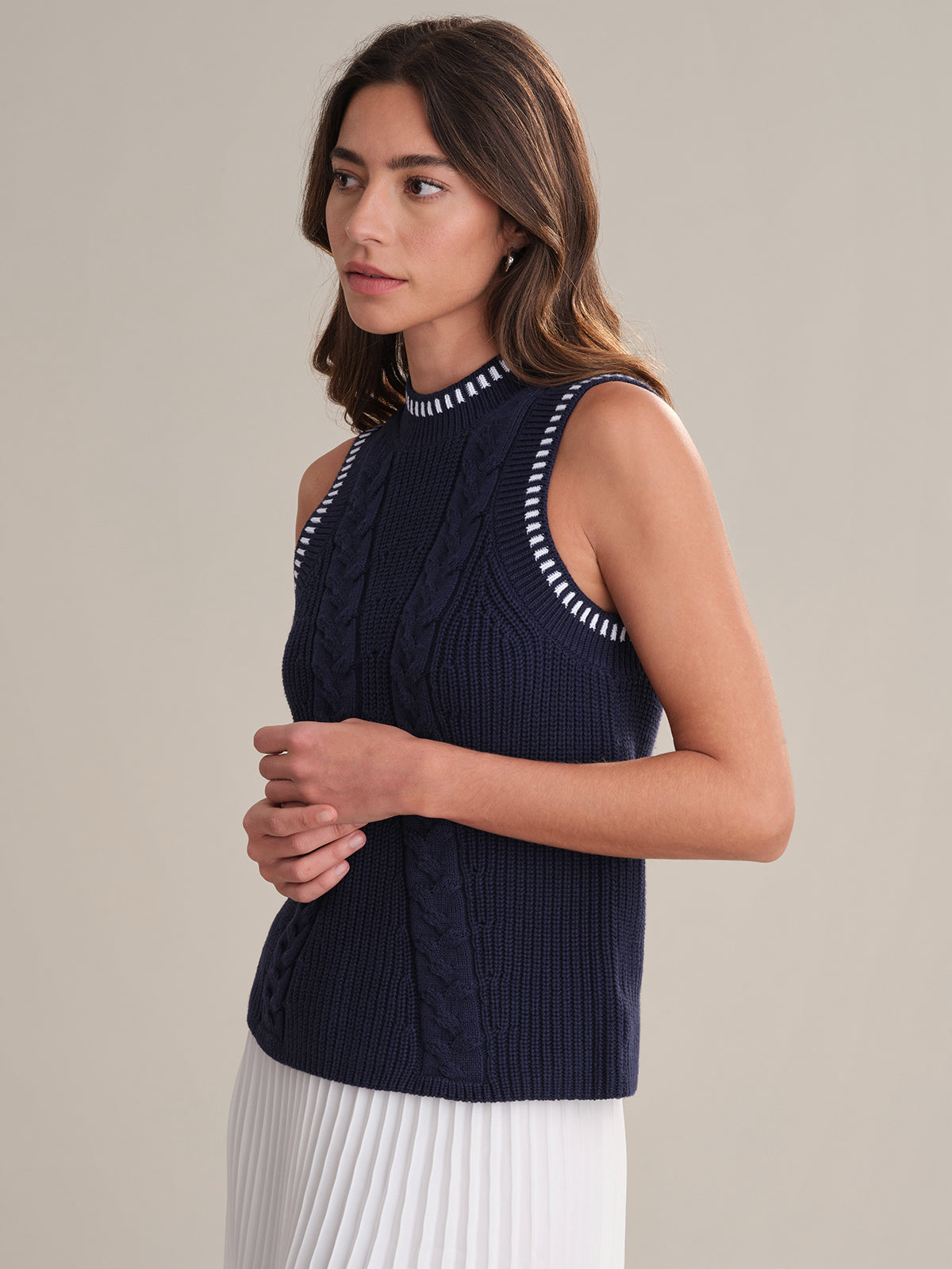 Demi Women's Contrast Tipping Cable Knit Tank Top - Soft Stretch Summer Casual T-Shirt for Workout, Layering & Everyday Wear