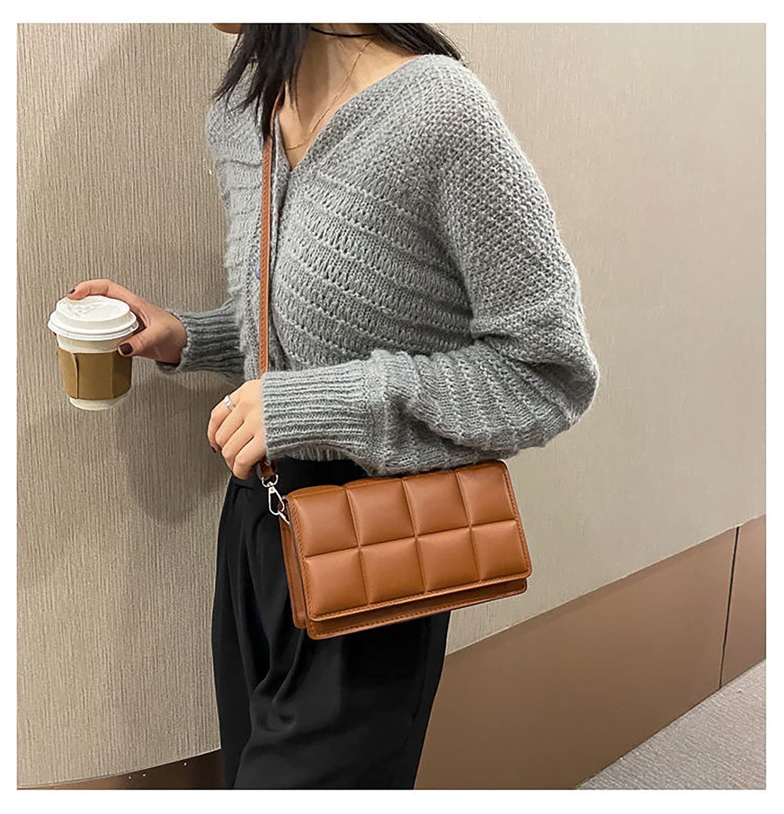 Women's Small Quilted Crossbody Bag - PU Leather Solid Color Shoulder Purse with Wallet - Fashion Square Handbag for Daily Use, Shopping & Travel