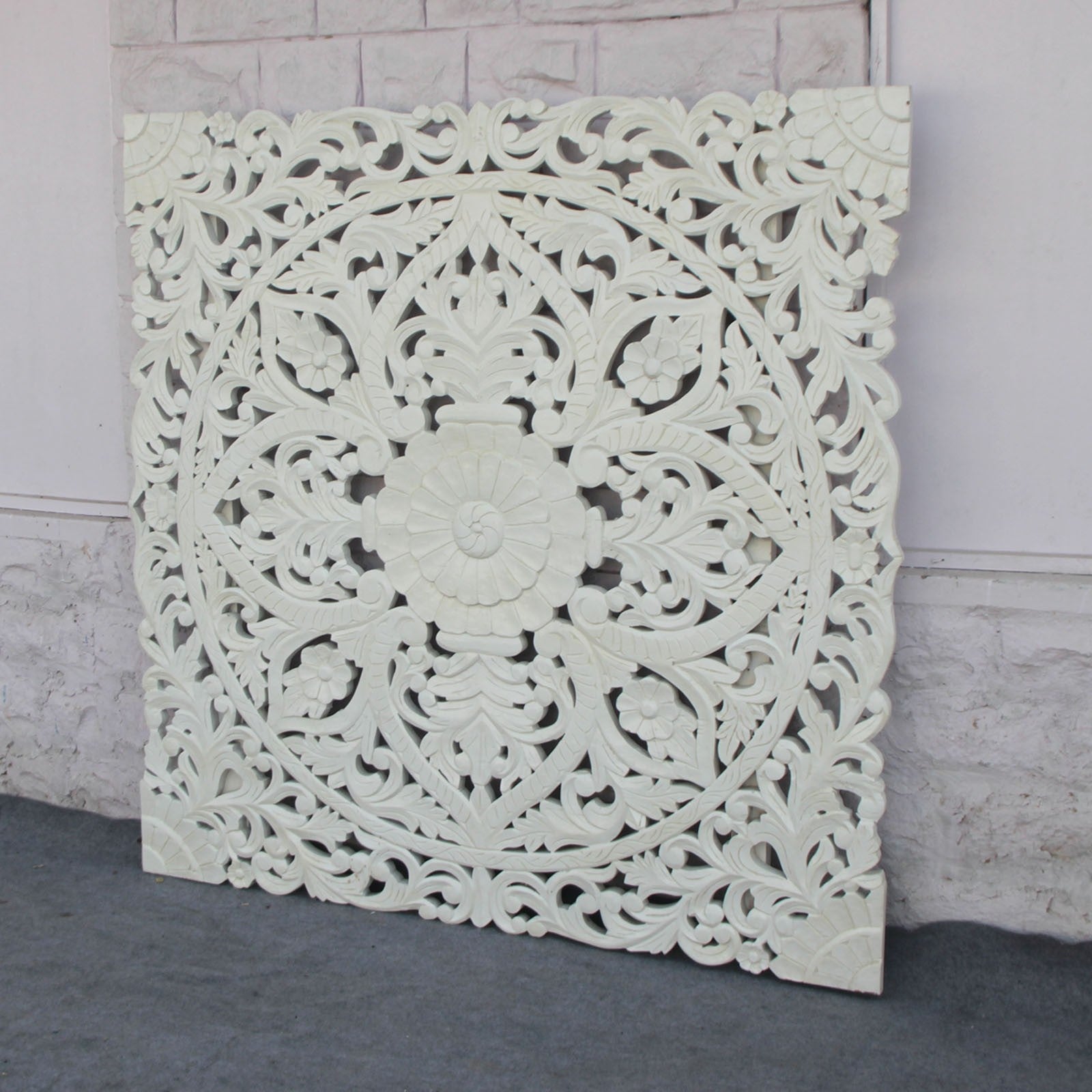 Handcrafted Dynasty Carved Panel Bed Headboard in White - Elegant Bedroom Decor for Master Suite & Guest Room