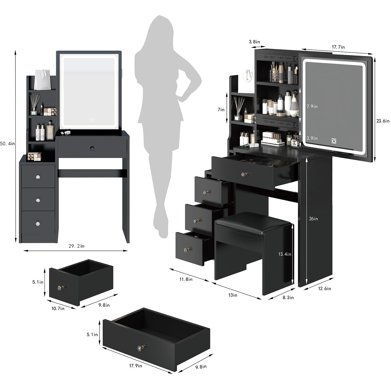Elegant Black Vanity Desk with LED Mirror & Cushioned Stool - Touch Control, Tri-Color Lighting, Adjustable Brightness - Perfect for Makeup, Skincare & Dressing Room Organization (Large Sliding Drawer)