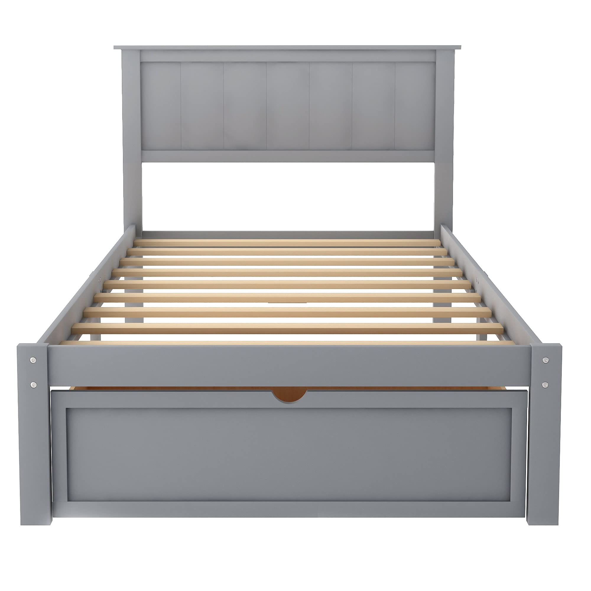 Platform Twin Size Bed Frame with Storage Drawer & Headboard - Solid Wood Platform Bed with Wooden Slat Support - No Box Spring Needed - Perfect for Kids Bedroom, Guest Room or Small Spaces (Gray)