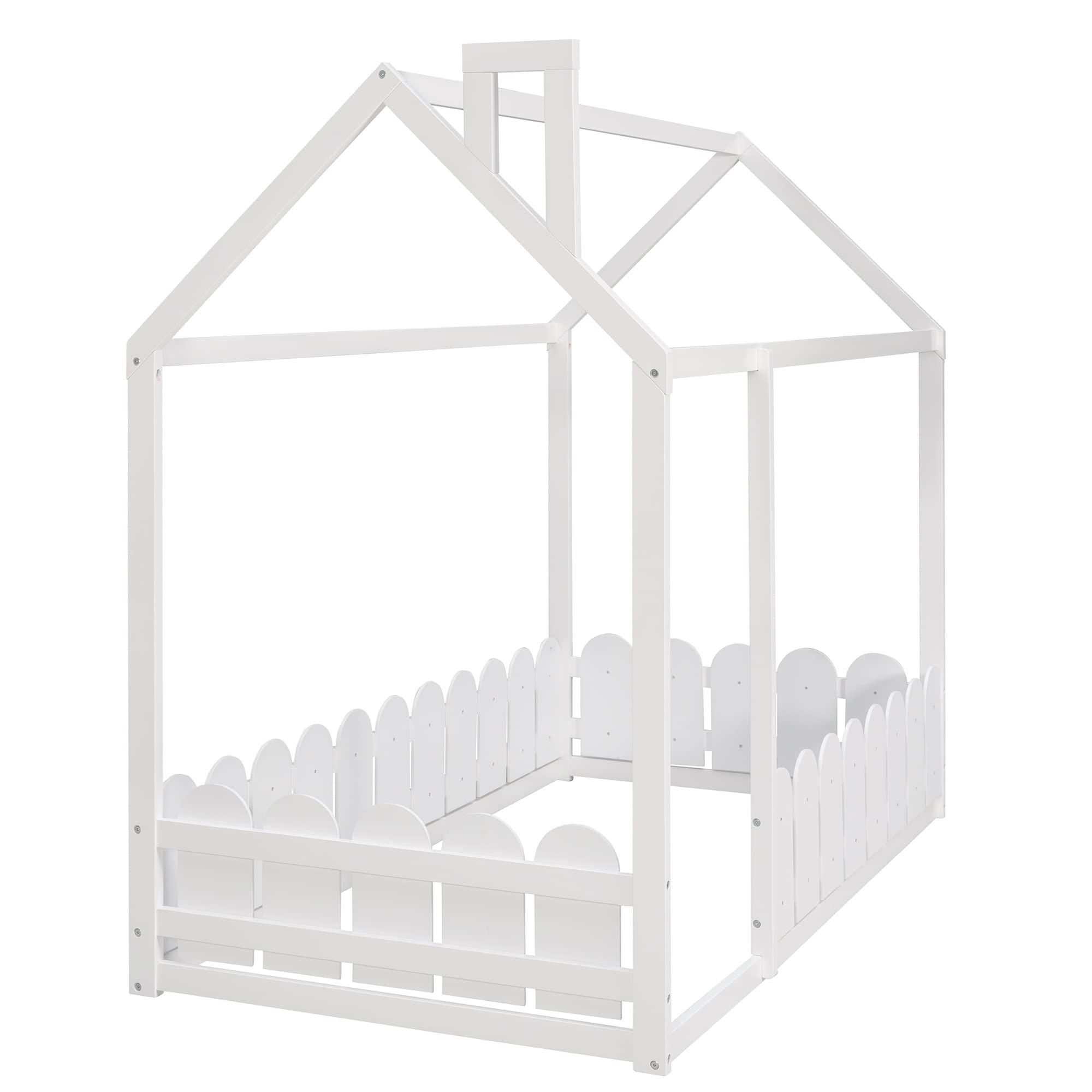 Harper & Bright Designs Twin Size Kids Bed Frame - Pine Wood Roof, Fence-Shaped Guardrails, Cabin Style Floor Bed for Children & Teens (White) | Perfect for Small Bedrooms, Playrooms & Sleepovers