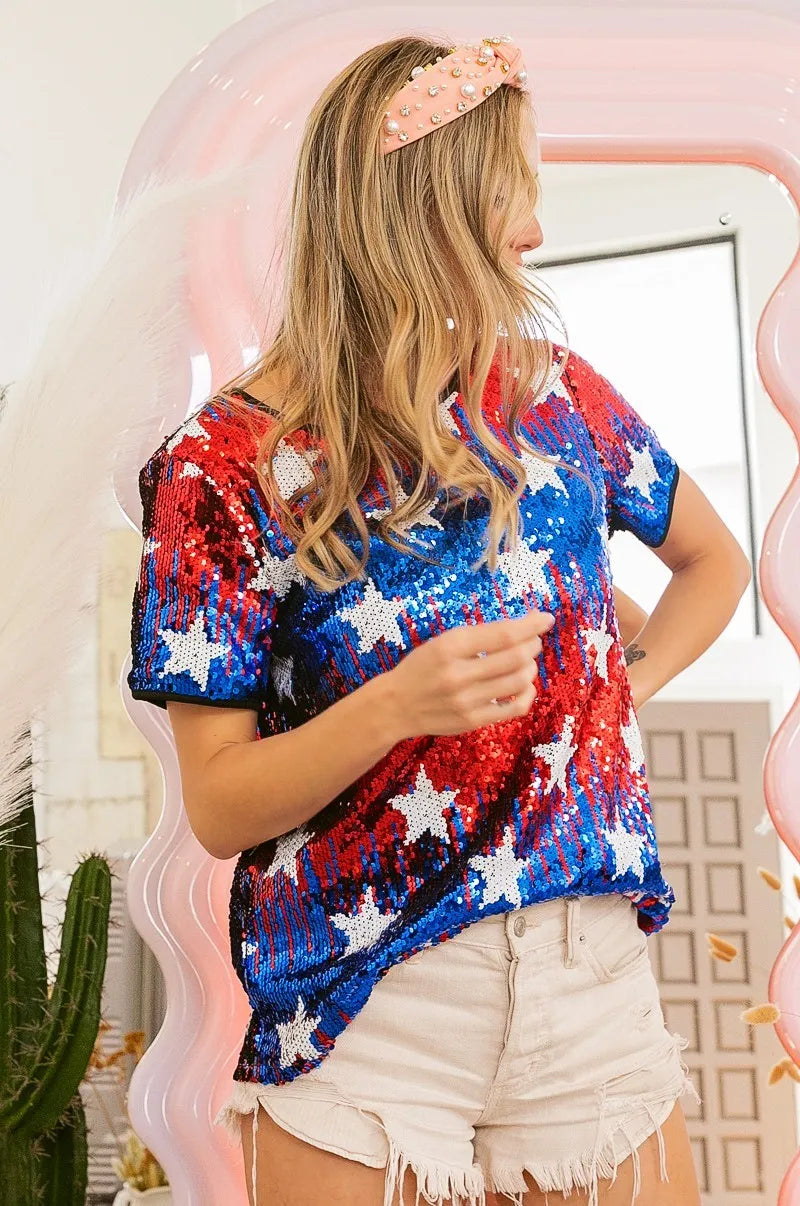 BiBi American Flag Star Sequin Top for Women | Patriotic Party Outfit | Perfect for 4th of July, Independence Day & Festive Celebrations