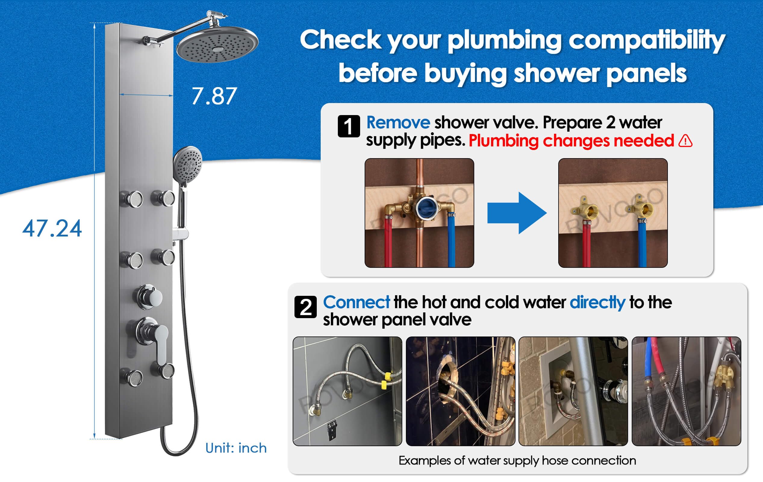 ROVOGO 304 Stainless Steel Shower Panel System - 8 Inch Rainfall Shower Head, 6 Body Jets & 5-Setting Handheld Shower Wand, Adjustable Shower Tower for Luxurious Bathroom Upgrade - Perfect for Master Bath, Spa-Like Experience & Modern Home Renovation