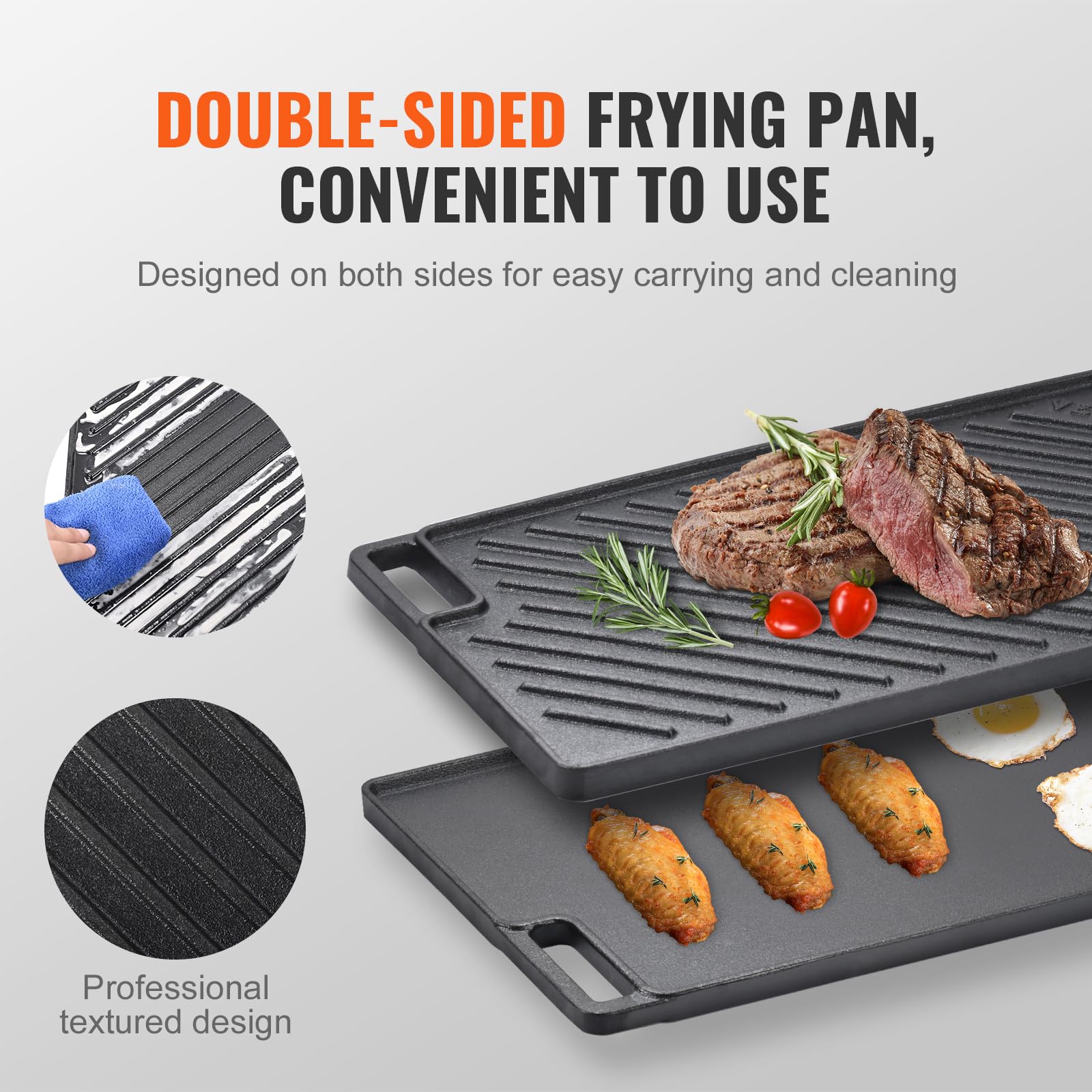 VEVOR 17x10 Inch Reversible Cast Iron Grill Griddle - Pre-Seasoned Double Burner Griddle Pan with Handles, Non-Stick Flat Top Cookware for BBQ, Gas Grill, Camping & Outdoor Cooking - Black