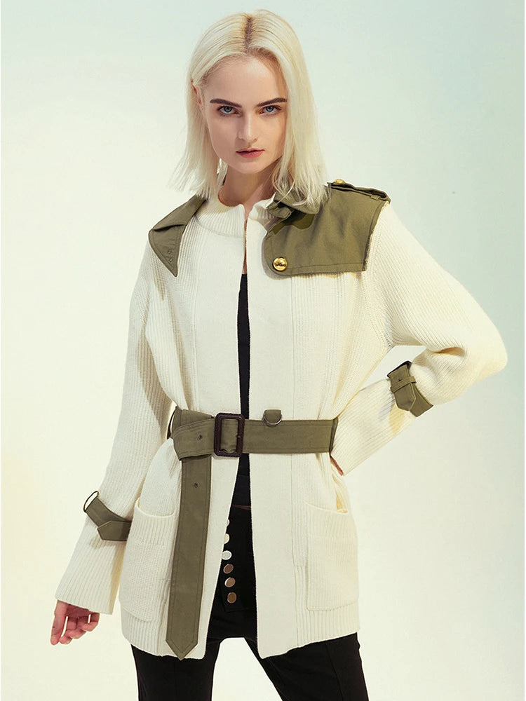 Beige Spliced Belted Knit Cardigan Sweater for Women - Stand Collar Long Sleeve Fashion Top (Spring/Autumn 2025) - Perfect for Office Wear, Casual Outfits & Fall Layering