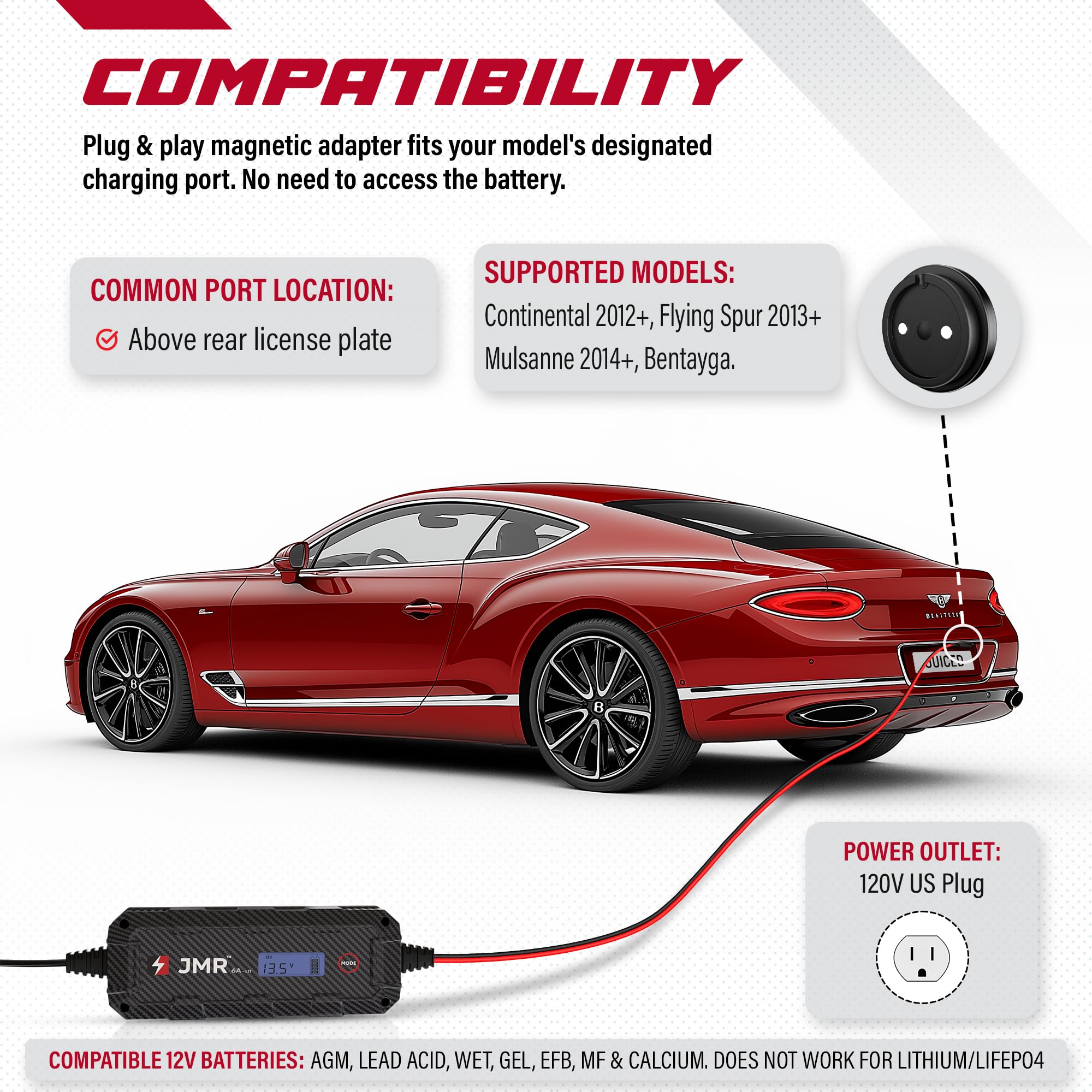 Premium JMR Battery Charger for Bentley Continental GT, Bentayga, Flying Spur, Mulsanne - Smart Trickle Charger & Maintainer with Magnetic Port (No Lithium Mode) - Ideal for Winter Storage & Long-Term Vehicle Maintenance