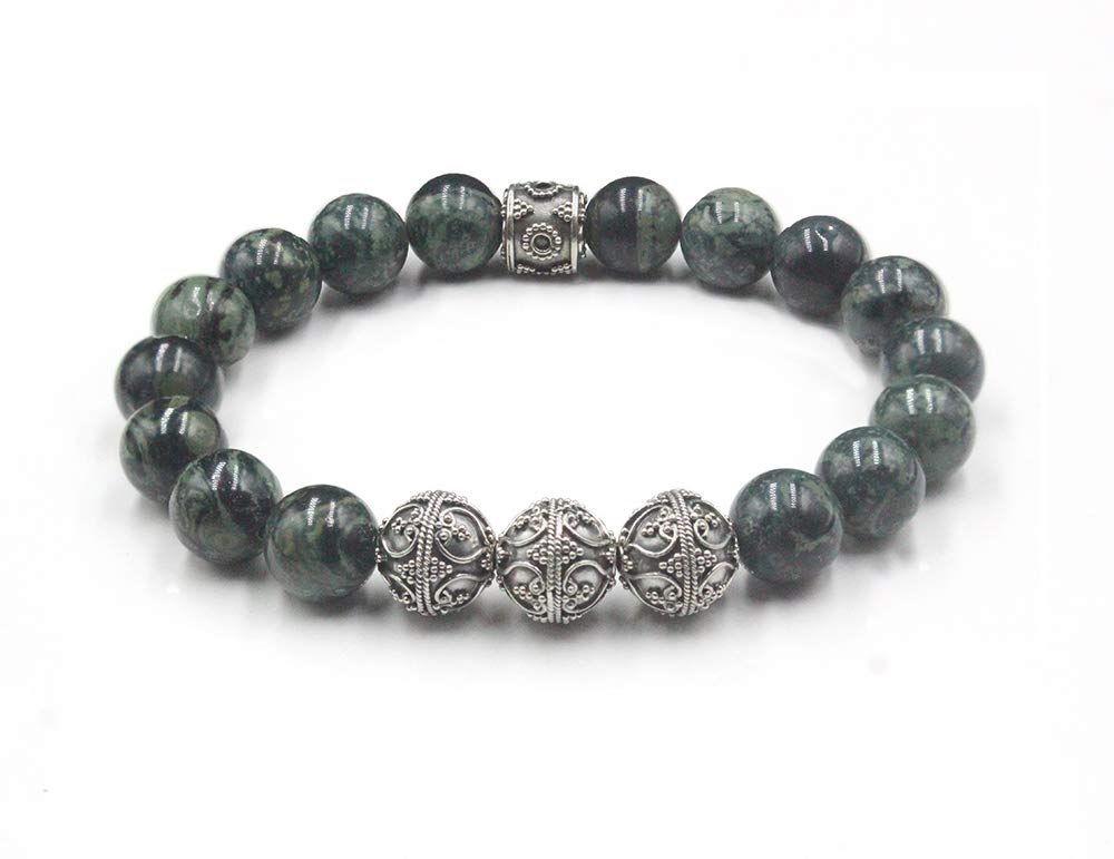 Natural Dark Green Nephrite Jade & Sterling Silver Men's Bracelet - 10mm Round Gemstone Beads for Spiritual Healing, Meditation & Fashion Accessories