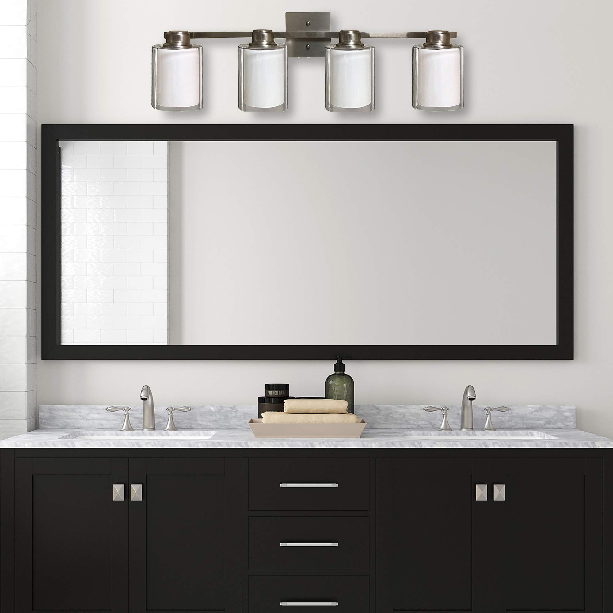 AA Warehousing 4-Light Brushed Nickel Vanity Light with Frosted White Glass Shade - Perfect for Bathroom, Bedroom, and Dressing Room Lighting (300350)