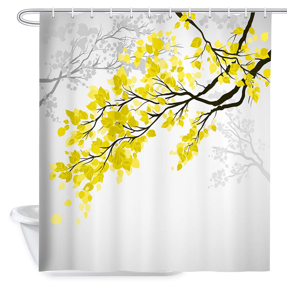 Yellow and Grey Leaf Shower Curtain with Tree Branch Art Print - 69x70 Inch Waterproof Polyester Bathroom Curtain - Includes 12 Hooks - Perfect for Modern, Nature-Inspired Bathroom Decor and Spa-Like Shower Experience